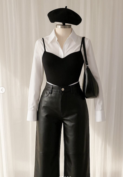 WIDE LEG EN CUERO + BODY MOLDEADOR + CAMISA